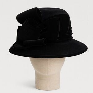 VTG Kokin Black Velvet Wide Brim Bowknot Women's Hat Chic Old Hollywood Retro